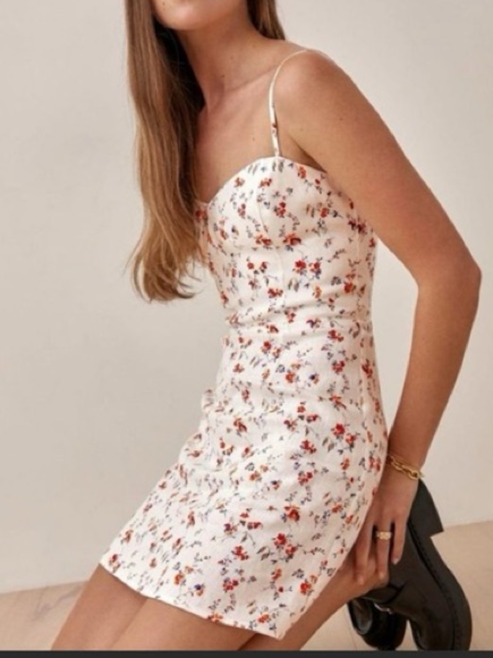 Reformation White Floral Mini Dress with Red and Blue Accents